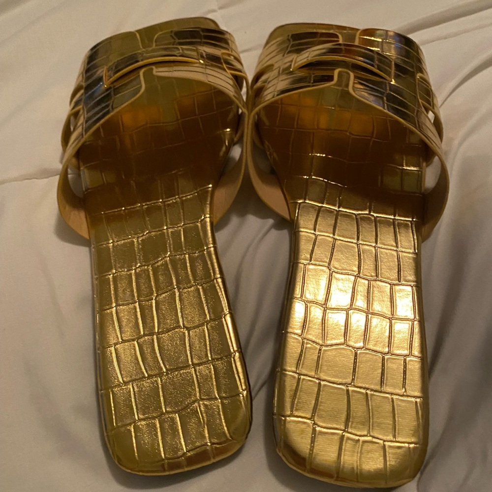 Gold Croc-Embossed Women's Slide Sandals